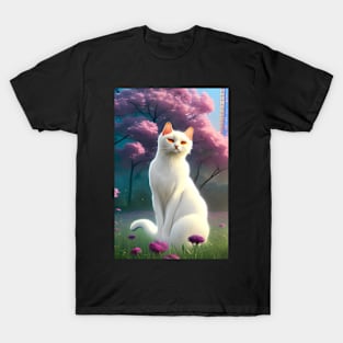 White Cat Surrounded by Flowers in Tokyo T-Shirt